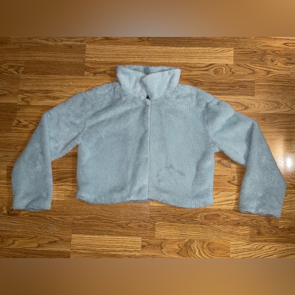 Kendall + Kylie Cropped Sherpa Jacket Women’s Size Large Snap Button Pastel Teal